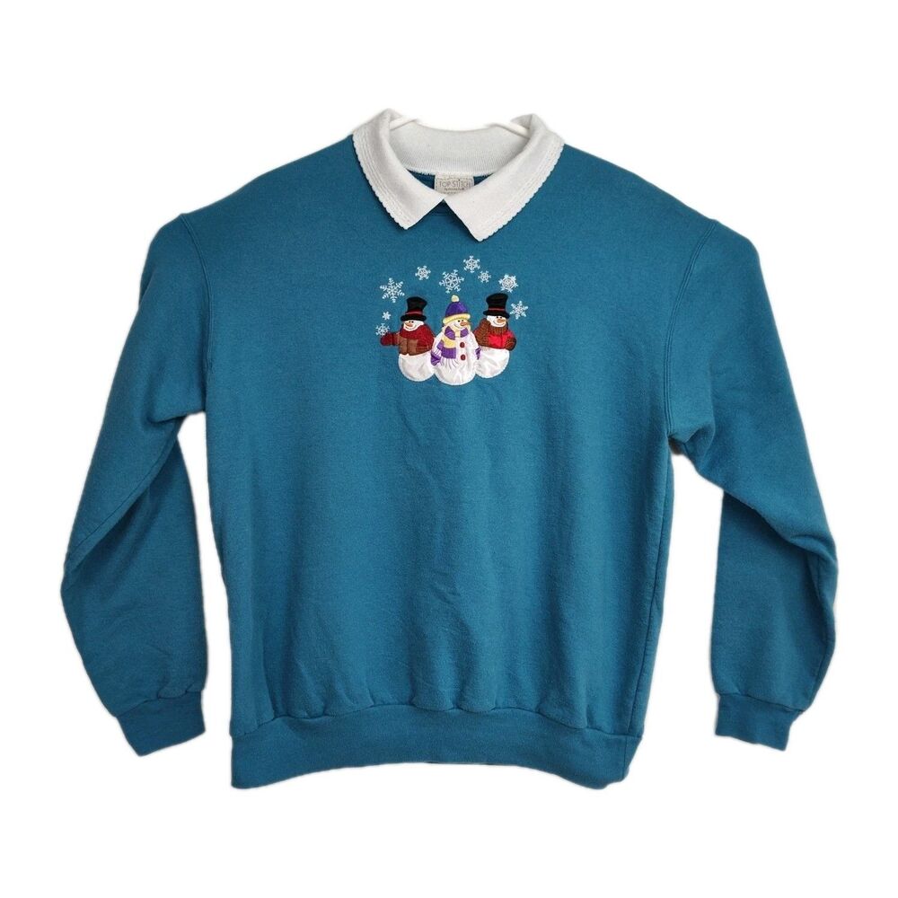VTG Morning Sun Snowman Sweatshirt‎ Women's XL Teal Embroidered Collared Winter